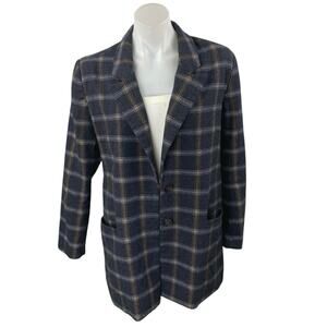Habitual Black Wool Plaid Flannel Notch Collar Long Sleeve Blazer Coat Jacket L